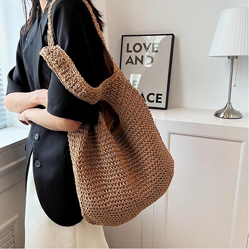 Miniatura 2 de Bolsos Hobo de paja para mujer, bolso vintage de mano, bolso de mano bohemio de ganchillo, bolso de playa de moda 2024 tejido a mano