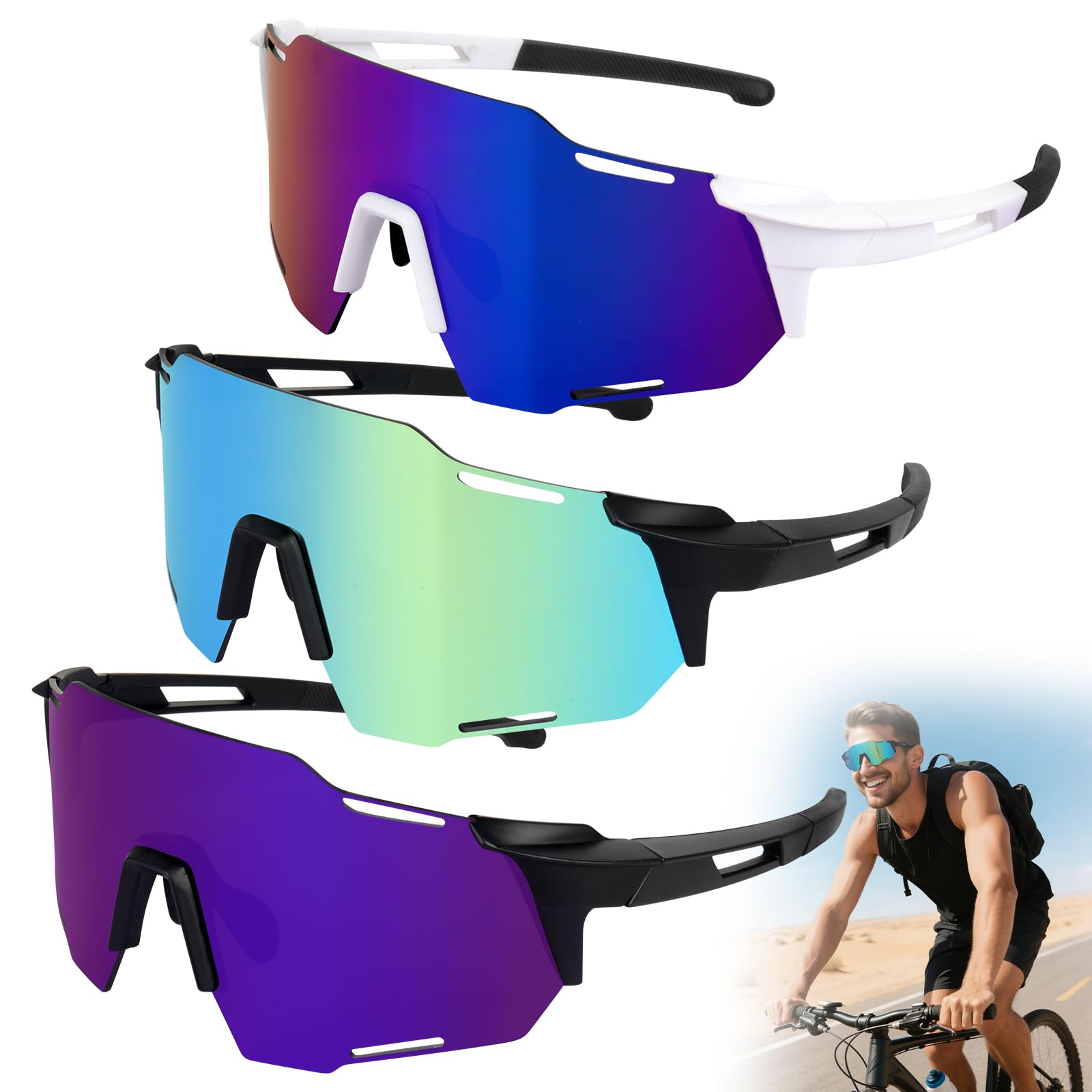 LYPPUL 3 Stück Schnelle Brille Herren, Sport Sonnenbrille Herren Damen, Polarisiert Fahrradbrille, Ponnenbrille Fahrradbrille, Winddicht UV400 Laufbrille für Outdoorsport Radfahren Fahren Laufen Golf