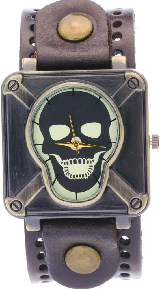 Ghost Rider Copper Skeleton Skull Dial Men boys Brown Wide Belt Cow Leather Wide Strap Cool Watches