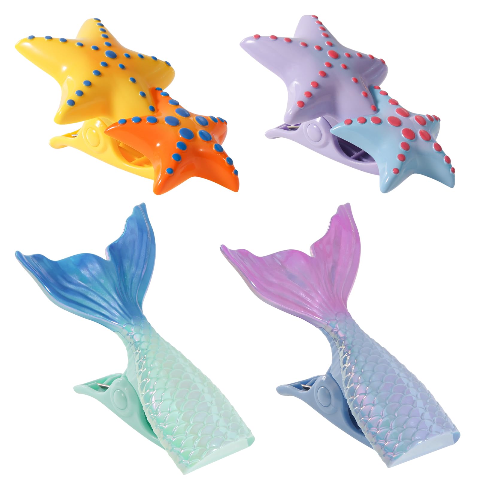 4 Pcs Beach Towel Clips, Creative Towel Clips for Sun Loungers, Pool Towel Clips for Holiday Pool Beach Chairs, Large Laundry Clothes Pegs, Beach Pegs for Towels Laundry Sunbed (Starfish + Fish Tail)