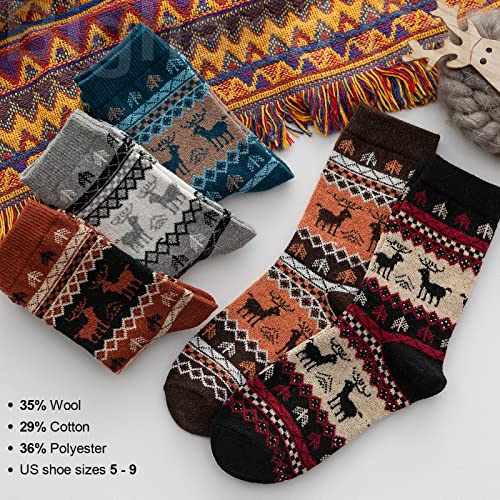 Image of IIG 5 Pairs Women's Vintage Style Thick Wool Warm Winter Crew Socks