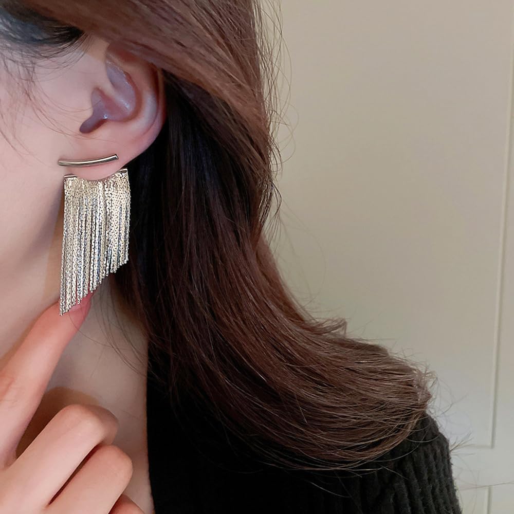 Tassel Earrings for Women Long Statement Ear Jackets Earrings Trendy Front Back Drop Dangle Bridal Fringe Formal Wedding Parties Earrings - Image 2