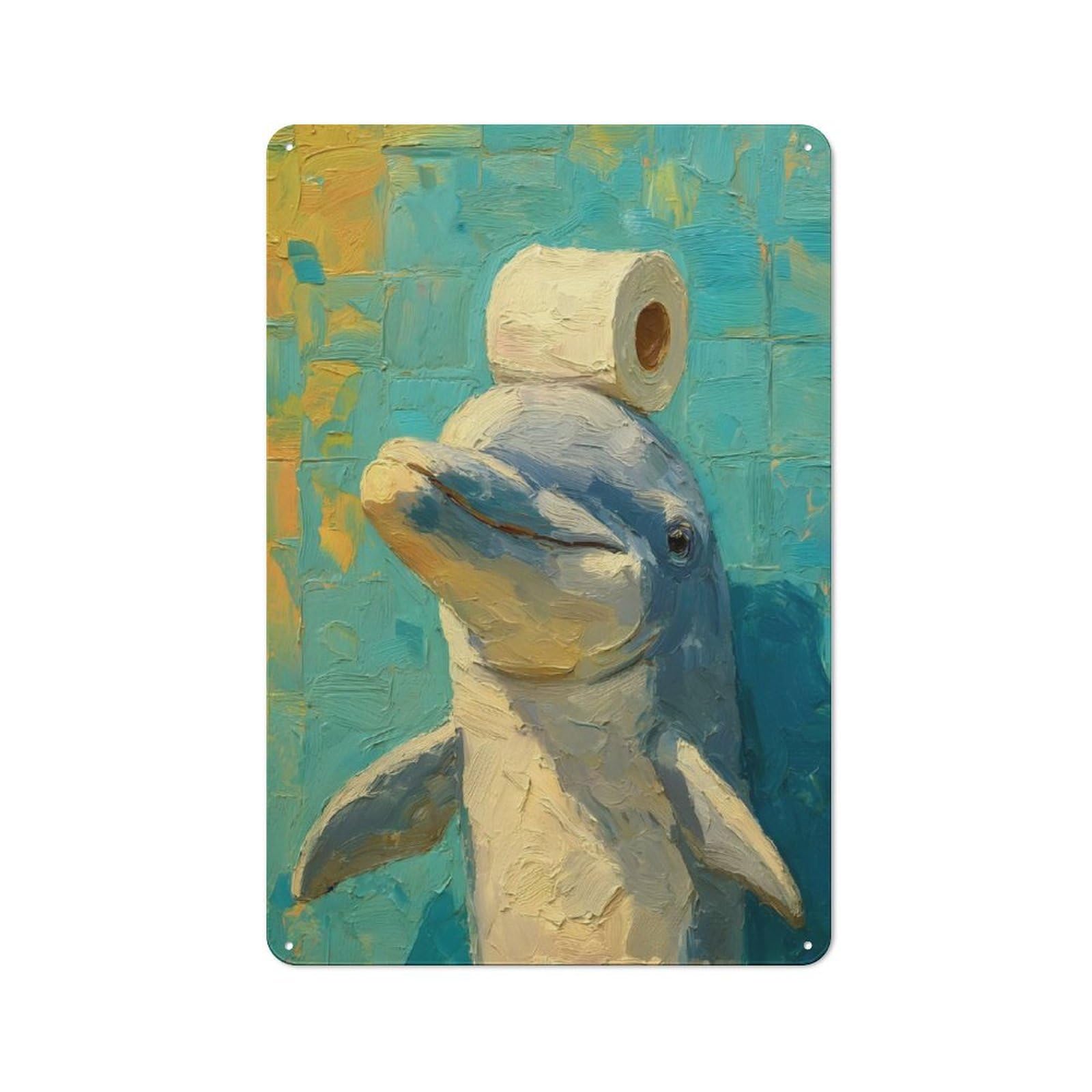 Dolphin with Toilet Paper Painting Rustic Metal Wall Decor 30x20cm, Decorative Metal Plaque for Shed, Garden Room, Porch Or Garage
