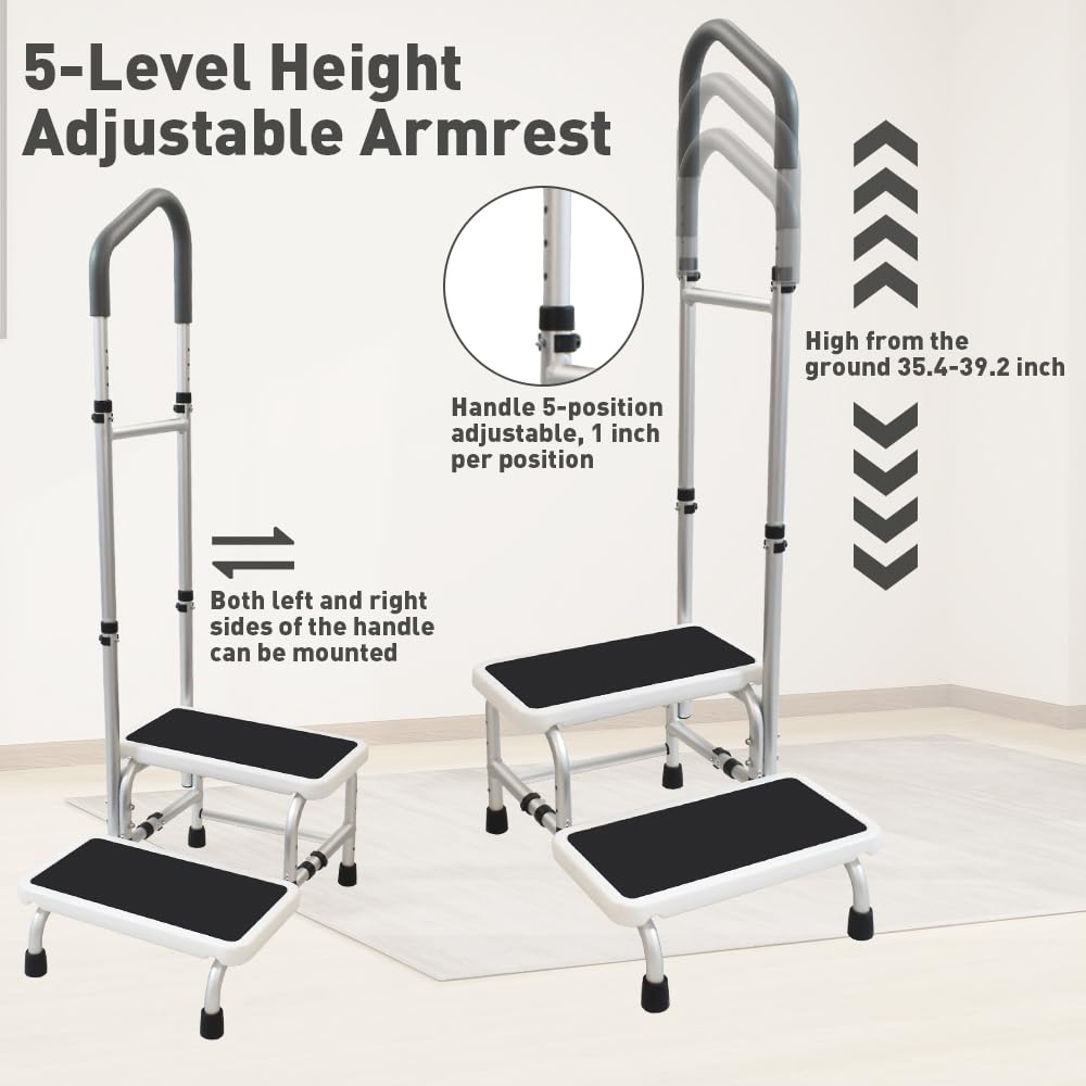 2-stufiger Hocker mit 5-fach höhenverstellbarem Handlauf für ältere Erwachsene – Aluminiumrahmen Tritthocker mit weichen Schaumstoffgriffen, rutschfeste Doppelstufen – Bett, Badewanne, Küche