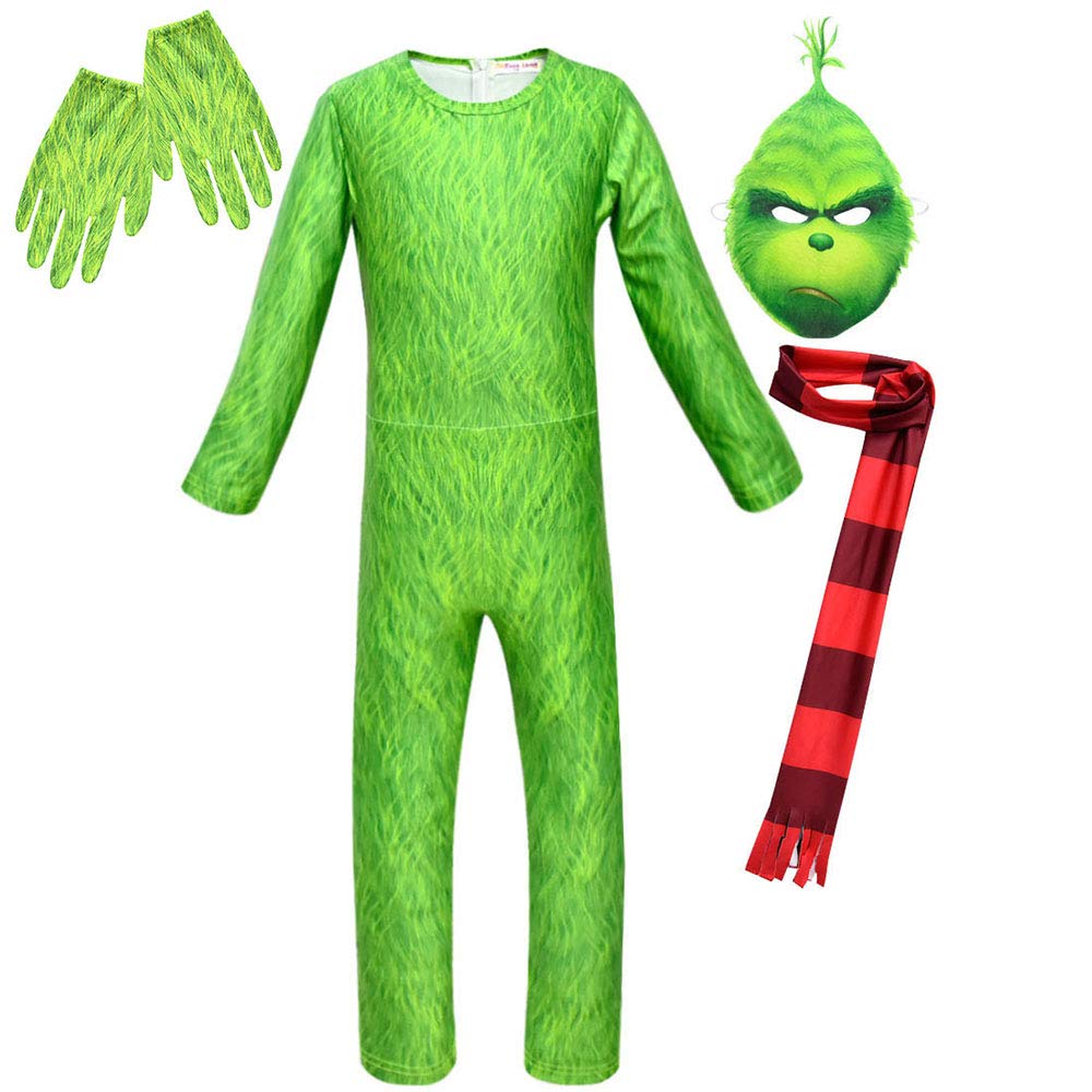 Buy Grinch Costume with Gloves Cosplay Jumpsuit for Kids Adult, Green
