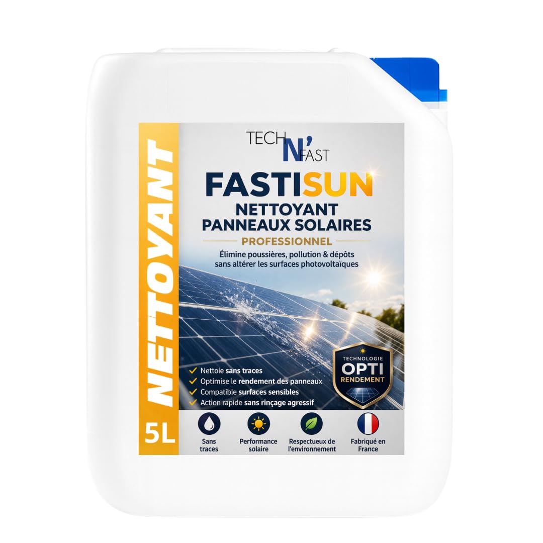 FASTISUN Nettoyant Panneaux Solaires 5L – Nettoyage Photovoltaïque Professionnel sans Traces – Optimise le Rendement – Compatible Surfaces Sensibles – Fabriqué en France