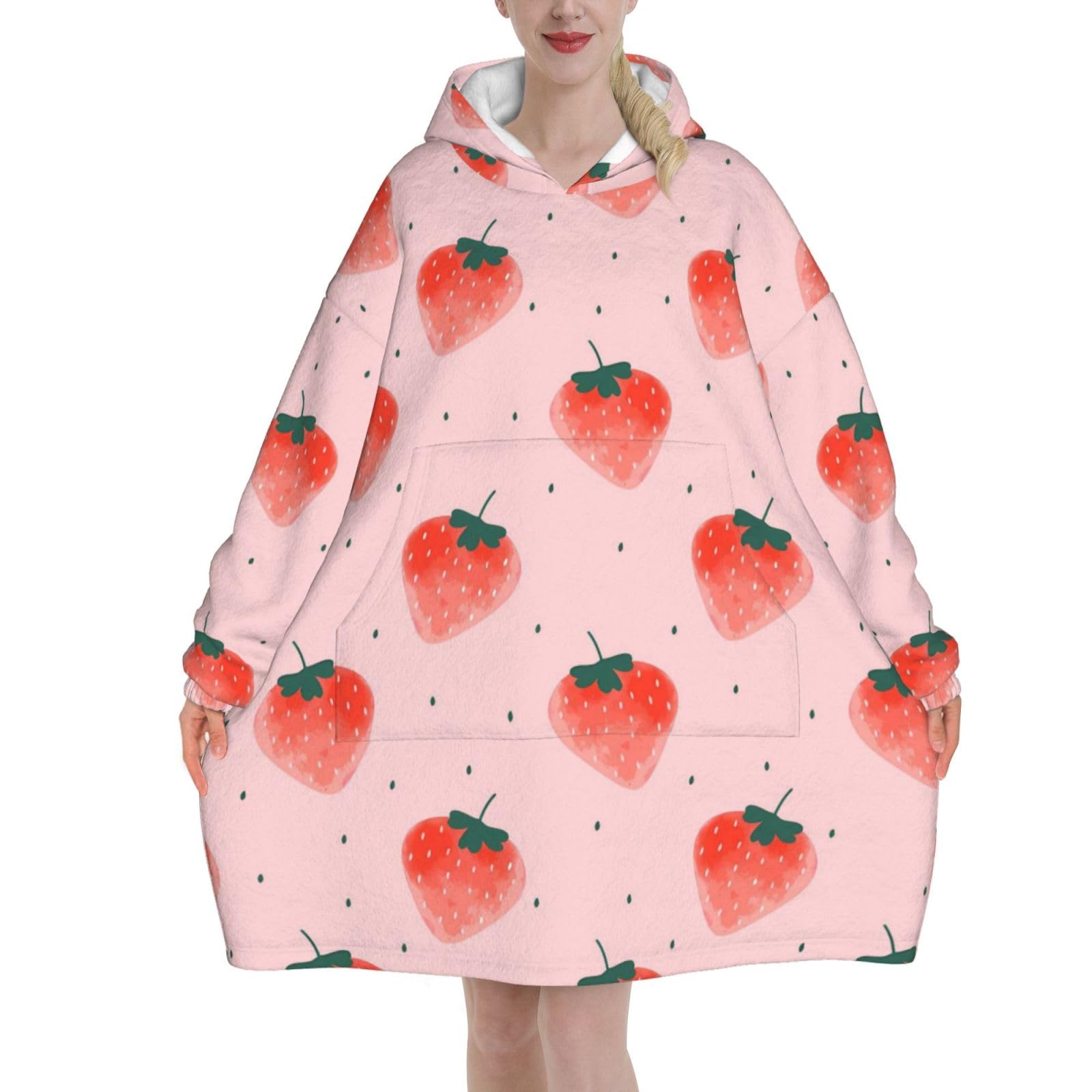 Pink Strawberry Wearable Blanket Hoodie - Christmas Gifts for Women & Girl, Cozy Birthday Present Ideas for Sisters & Girlfriend, Aldult Winter Warm Soft Flannel Blanket Sweatshirt with Pocket — image 1
