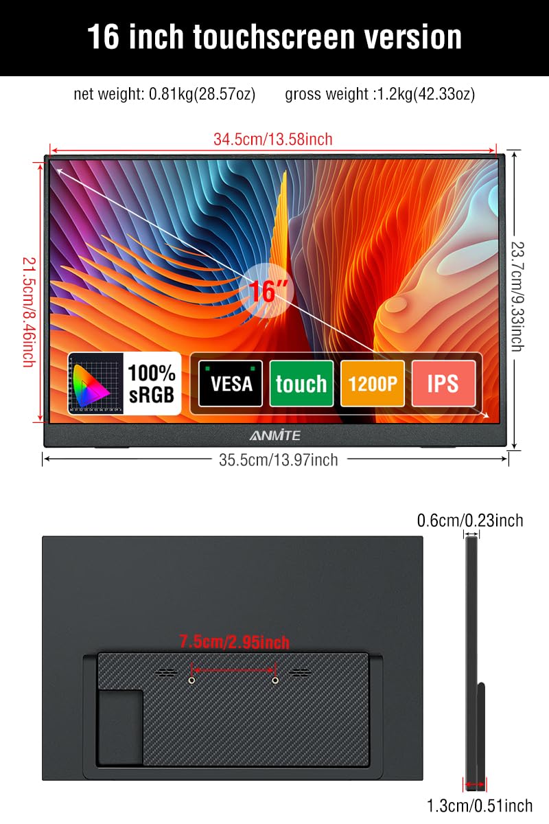 ANMITE 16インチ ポータブルモニター タッチなし 1920x1200 Amazon.com: Anmite 16