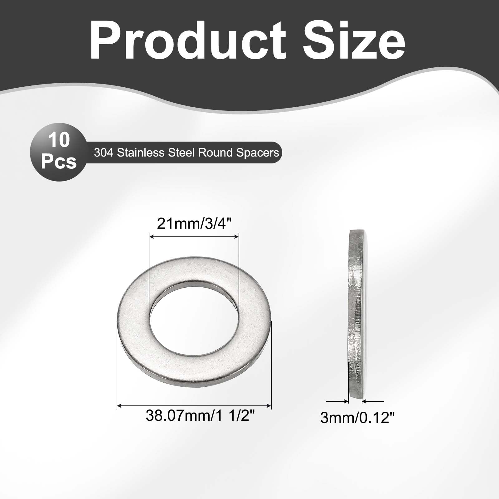PATIKIL 3/4" ID x 1-1/2" OD Stainless Steel Flat Washers, 10 Pcs Round Metal Washer Small Spacer for Screws Bolts Nuts Assortment - Image 2