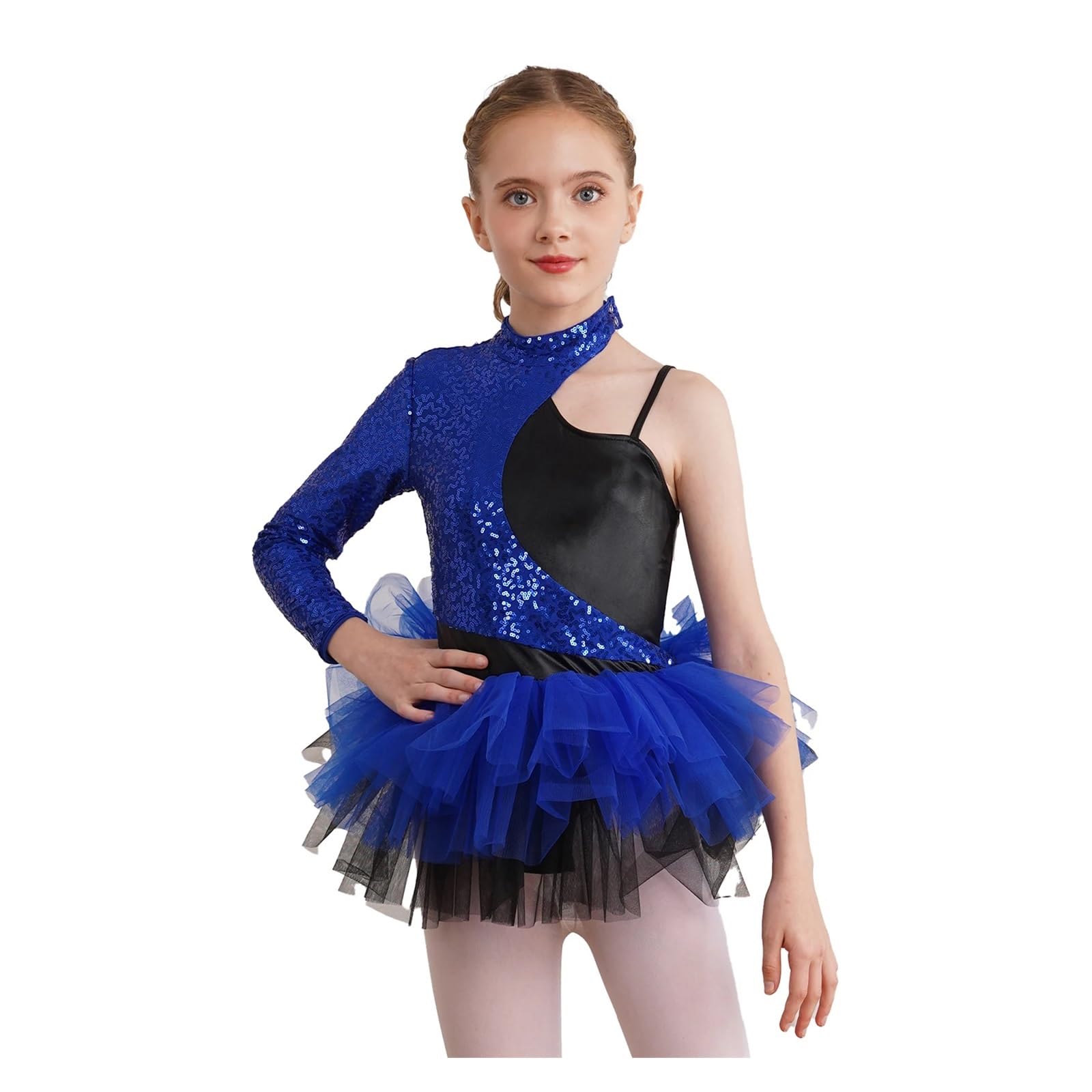 Maillot patinaje artistico Vestido de lentejuelas brillantes for niñas, falda de tul con mangas asimétricas, leotardo de gimnasia, Ropa de baile for adolescentes, trajes de baile de Jazz for niños(Blu