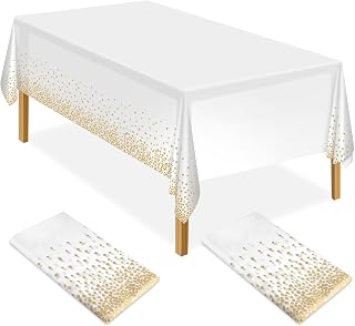 ELECLAND 2Pcs White and Gold Party Tablecloth Plastic Tablecloth 137x274cm Gold Dot Confetti Table Cover Rectangular Party Table Cover for Picnic, Baby Shower, Halloween, Christmas