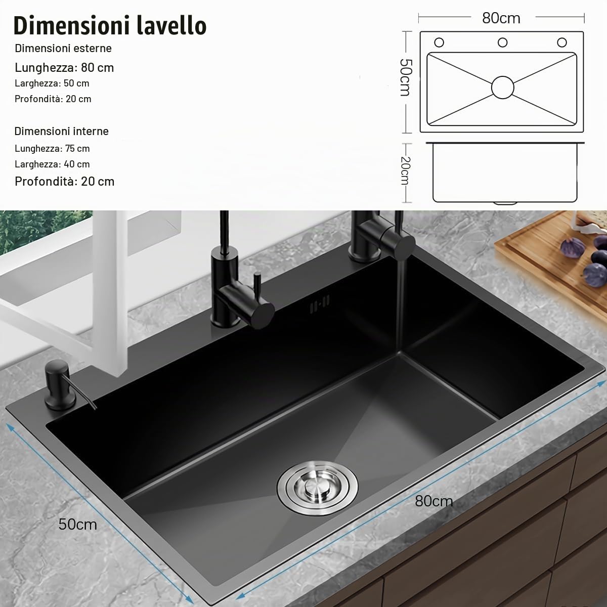 Lavello da cucina Grigio scuro, in acciaio inossidabile 304, 80 x 50 cm, da incasso con rubinetto, distributore di sapone, rubinetto per acqua potabile (80 x 50 cm)