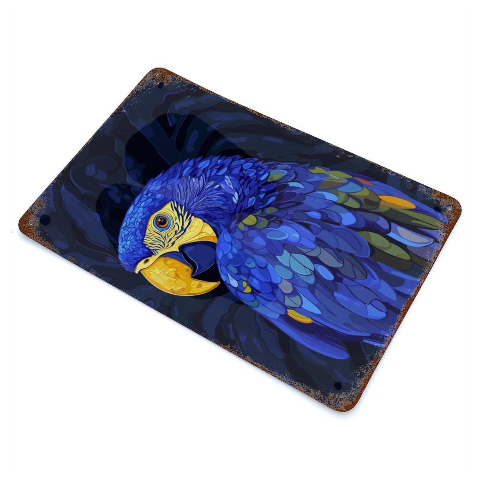 Aged Metal Wall Plaque with Blue Macaw Portrait Design 11.8"x7.9", for Basement, Hobby Room And Garage Decor, Classic Wall Plaque