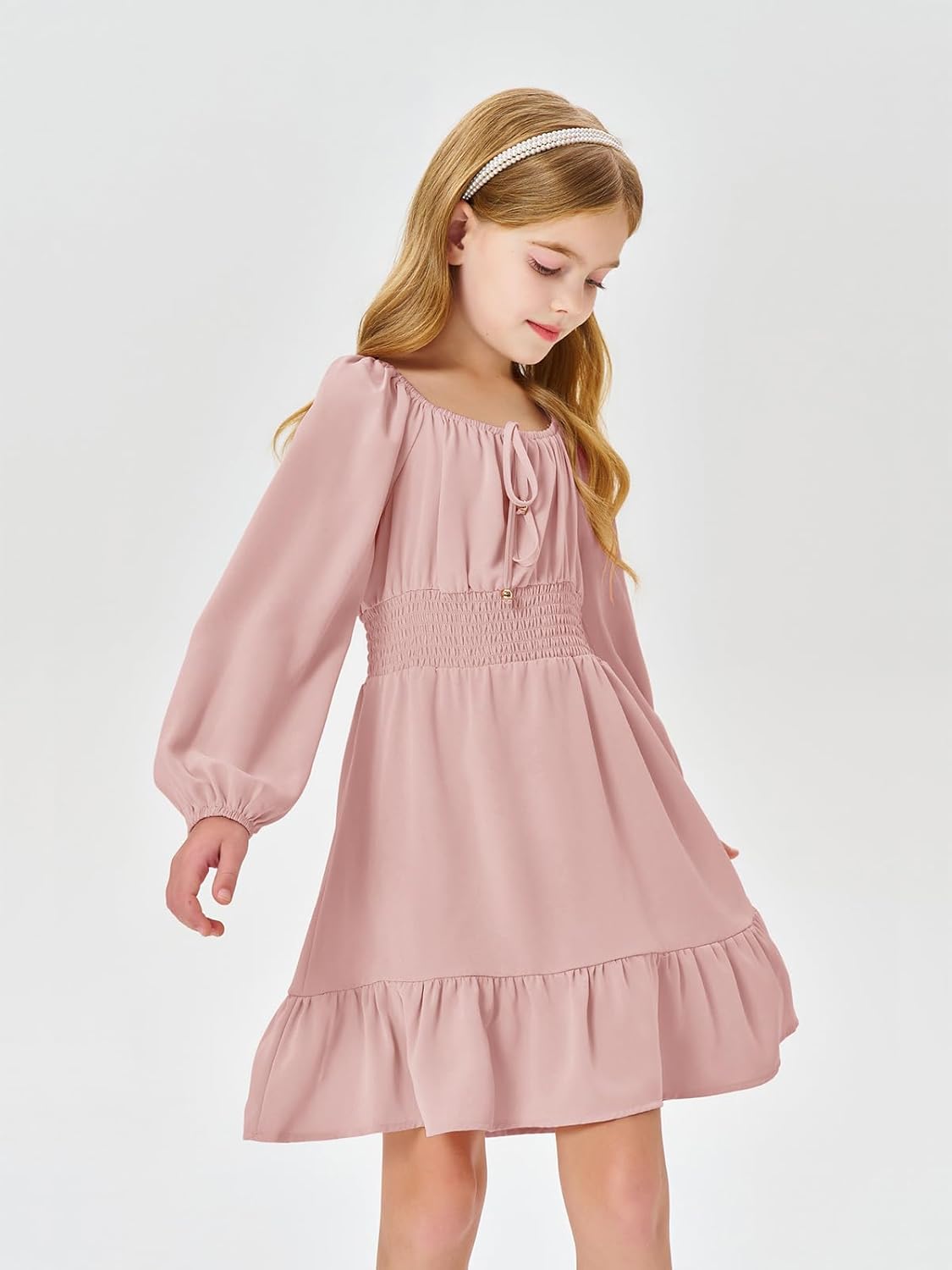 Girls Long Sleeve Square Neck Casual Boho Smocked Short Dresses 5-14 Years - Image 4