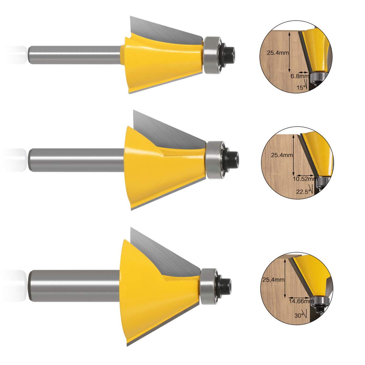 3pcs 8mm Tige Chanfrein Routeur Bit Set Biseau Routeur Bits 15 Degrés, 22,5 Degrés, 30 Degrés Coupe-bois Couteau Biseauté