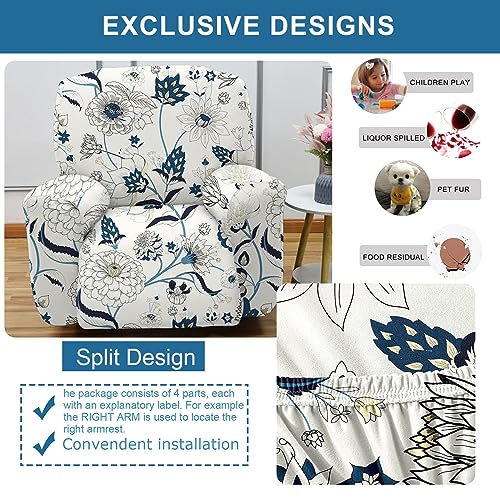 NILUOH Recliner Covers 4-Pieces Stretch Lazy Boy Recliner Chair Covers with Pocket Floral Pattern Reclining Slipcovers Soft Sofa Slipcover Furniture Protector for Pets Kids (Recliner, Pattern 31) - Image 5