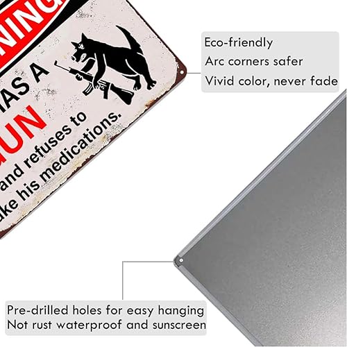 Miniatura 3 de Letrero de metal vintage con texto en inglés "Warning Dog Has A Gun", pintura de hierro, póster de pared de advertencia para el hogar, cocina,