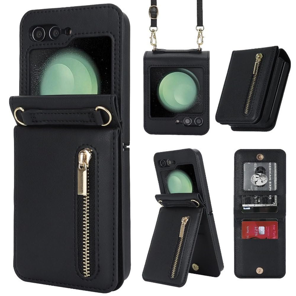 Funda de Cuero Tipo Billetera con Cremallera Cruzada y Tarjetero para Samsung Galaxy Z Flip 5 4 3 Flip5 Flip4 Flip3 5G, Color Negro, para Z Flip 3