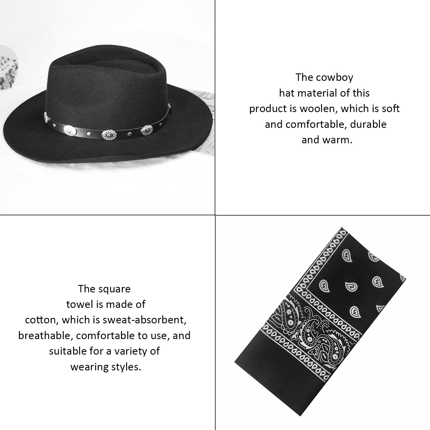 1 Chapeau De Cowboy En Feutre À Large Bord Et 1 Écharpe Carrée Multifonctionnelle, Chapeaux Rétro, Accessoires Vestimentaires, Chapeaux Simples À La Mode