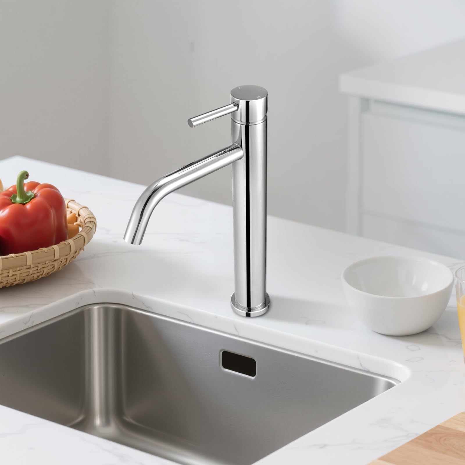 VEVOR Einhebelspültischarmatur, verchromter silberner Wasserhahn für Küchenspüle, Küchenwasserarmatur mit Druckknopfablauf, geeignet für Badezimmer Wohnmobil, Bar, Wasserhahn mit hohem Bogen