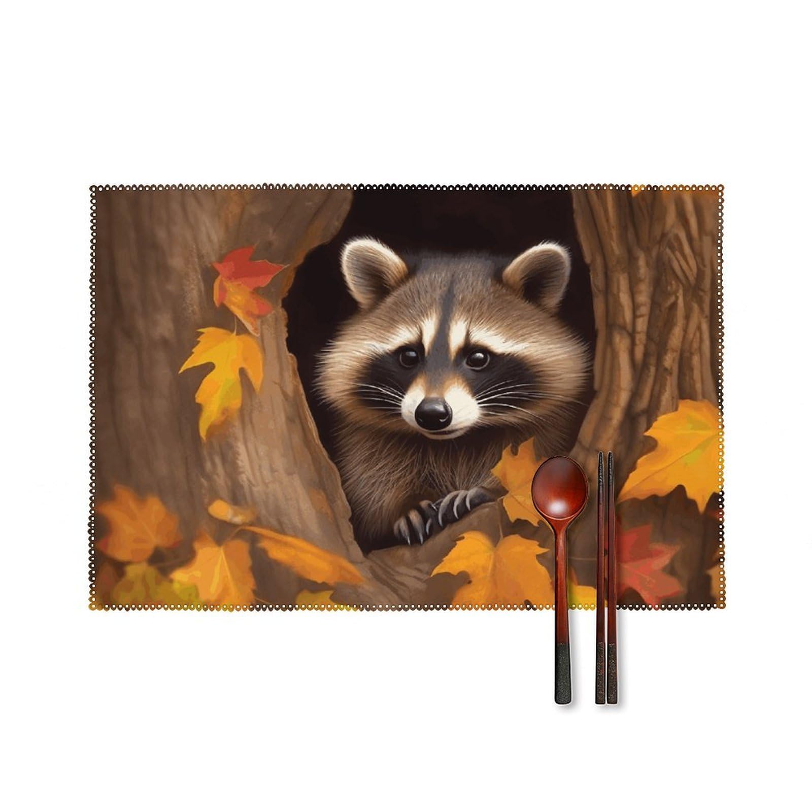 Raccoon in The Fall Tree Hole Placemats Set of 6, 12x18 Inch Heat Resistant Washable Canvas Table Mats, Stain Resistant Decorative Dining Placemats for Kitchen, Restaurant, Outdoor Party