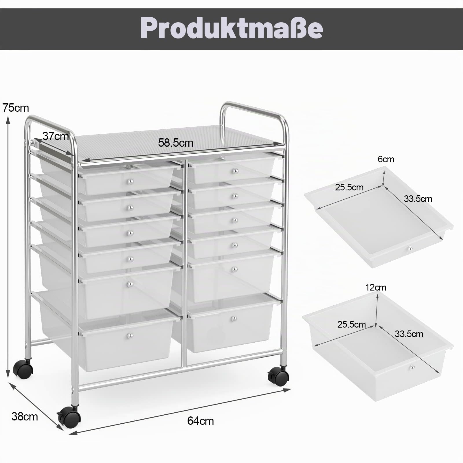 GIANTEX Rollwagen mit 12 Schubladen stapelbar, Schubladenwagen Badrollwagen Küchenwagen mit feststellbaren Rollen, Aufbewahrungswagen Haushaltswagen für Küche Bad Büro 64x38x75 cm (Transparent)