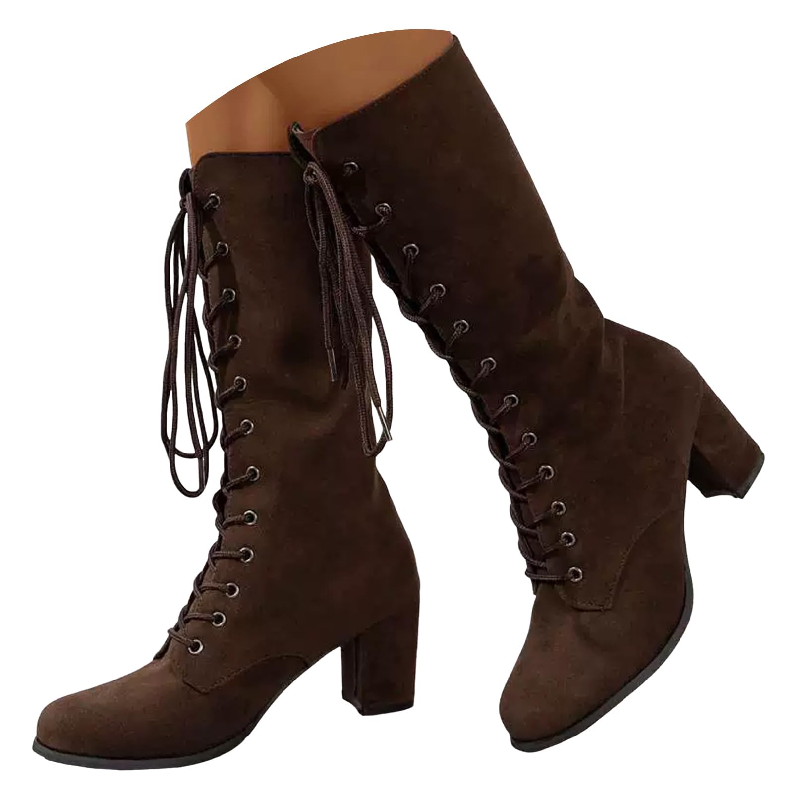 ZSpzx Women Victorian Knee High Boots Suede Chunky High Heels Lace up Combat Booties Round Toe Solid Color