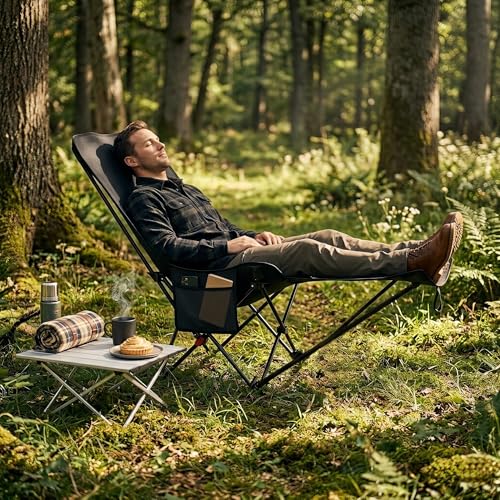 Suusolny Klappbarer Campingstuhl Mondsessel mit Fußablage Oxford Gewebe & Stahlrahmen Leichter Liegestuhl für Camping Garten Balkon & Strand Ink.Tragetasche -Schwarz
