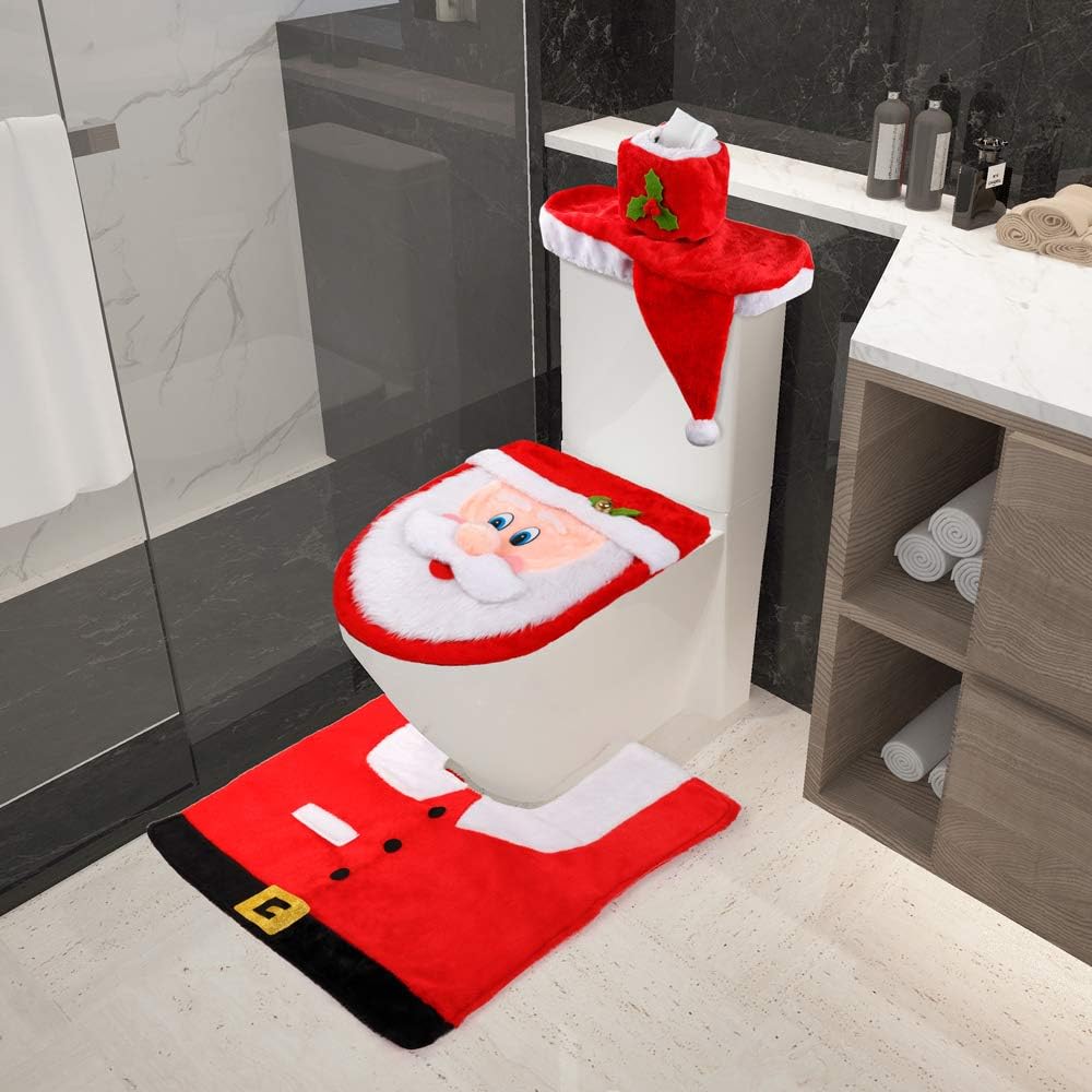 D-FantiX 3D Nose Santa Toilet Seat Cover and Rug Set & Mr and Mrs Gnome Christmas Curtain Tieback Buckle Set of 2