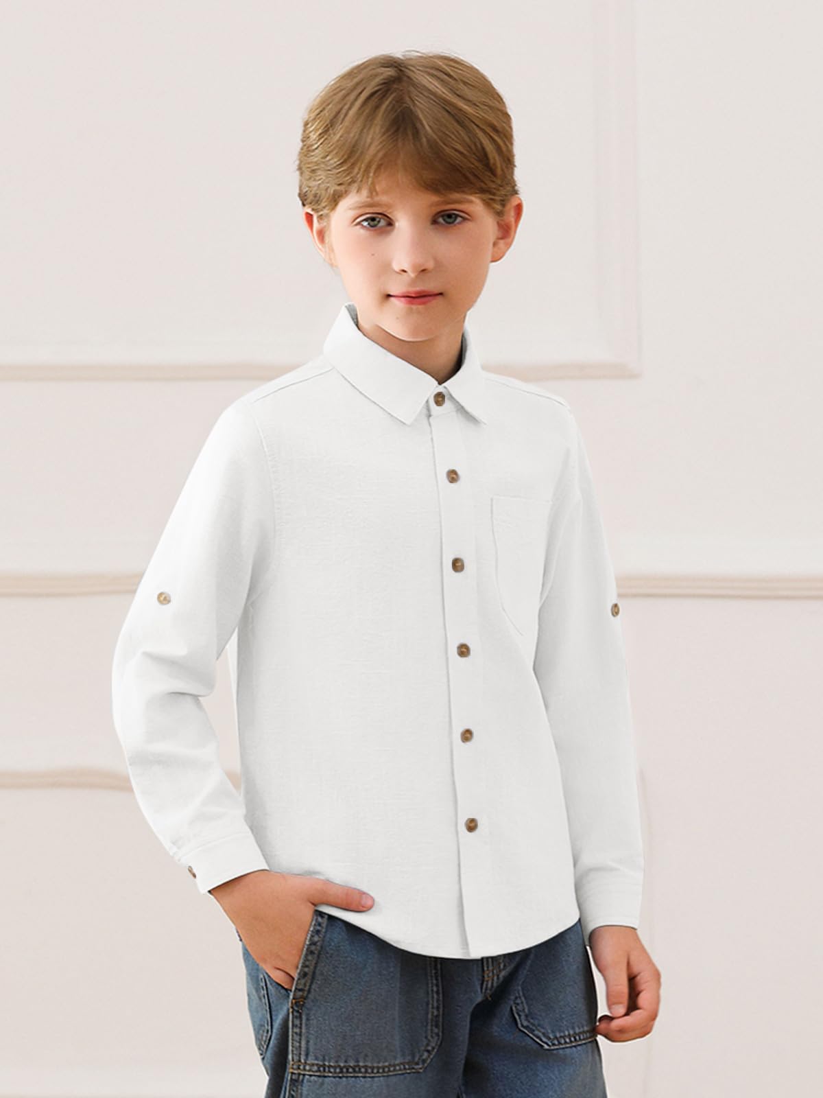Haloumoning Camicia per bambini in lino con bottoni, a maniche lunghe, con tasca sul petto, 5-14 anni