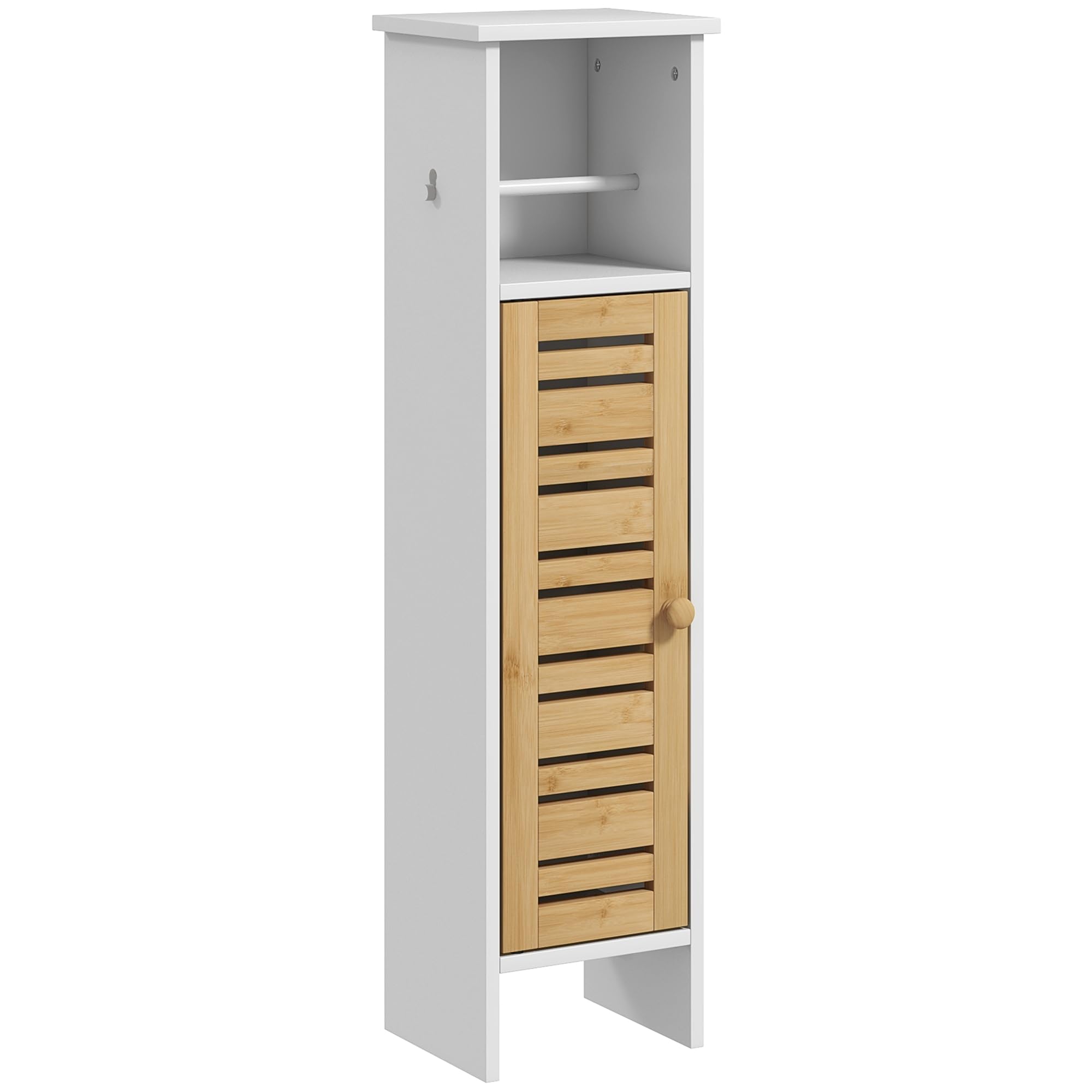 HOMCOM Mobile Bagno Slim con Ante in Bambù Salvaspazio 21x17x78 cm Bianco | Mobiletto Bagno Salvaspazio, Ripiani Regolabili, Porta Rotolo di Carta Igienica