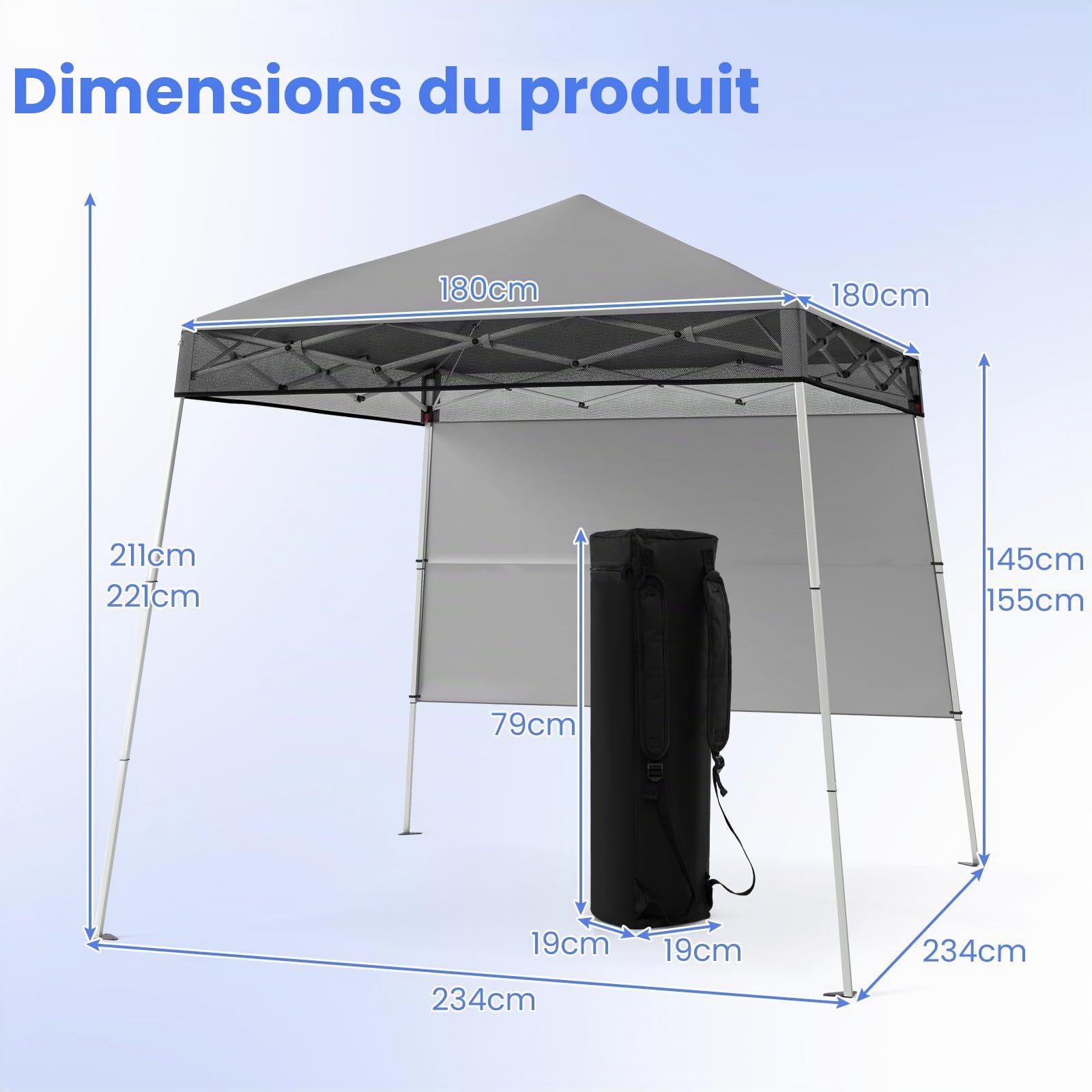 FANTASK Tente de réception - Tente de Jardin réglable en Hauteur avec paroi latérale et Crochet de Sol - Imperméable et Protection Solaire - 2 x 2 m - Pop up - avec Sac - pour Jardin et fête - Gris
