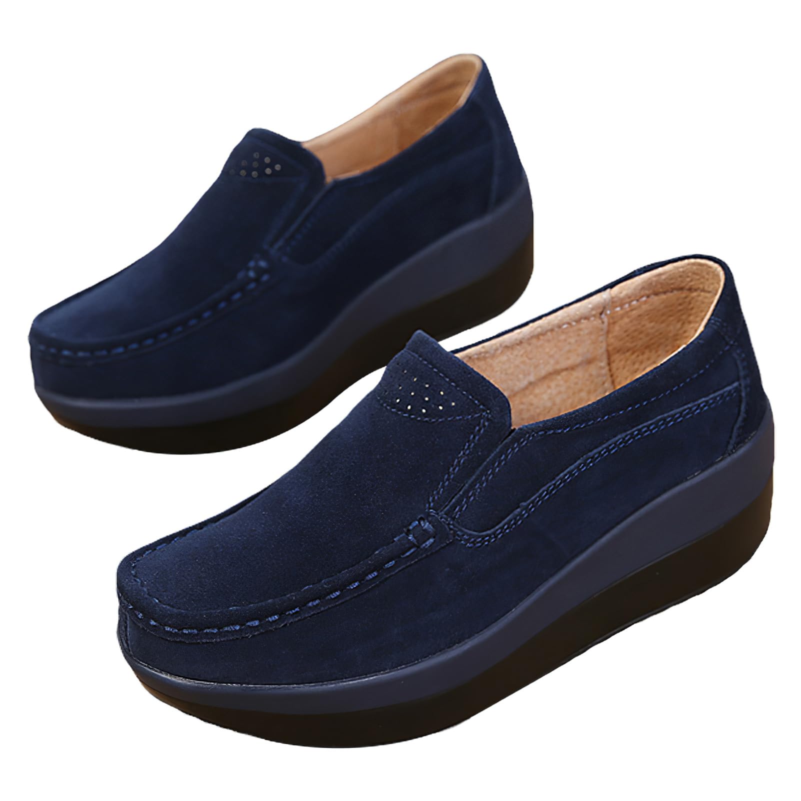 rismart Mujeres Piel de Ante Zapatillas de Cuña Zapatos de Plataforma Slip on Mocasines