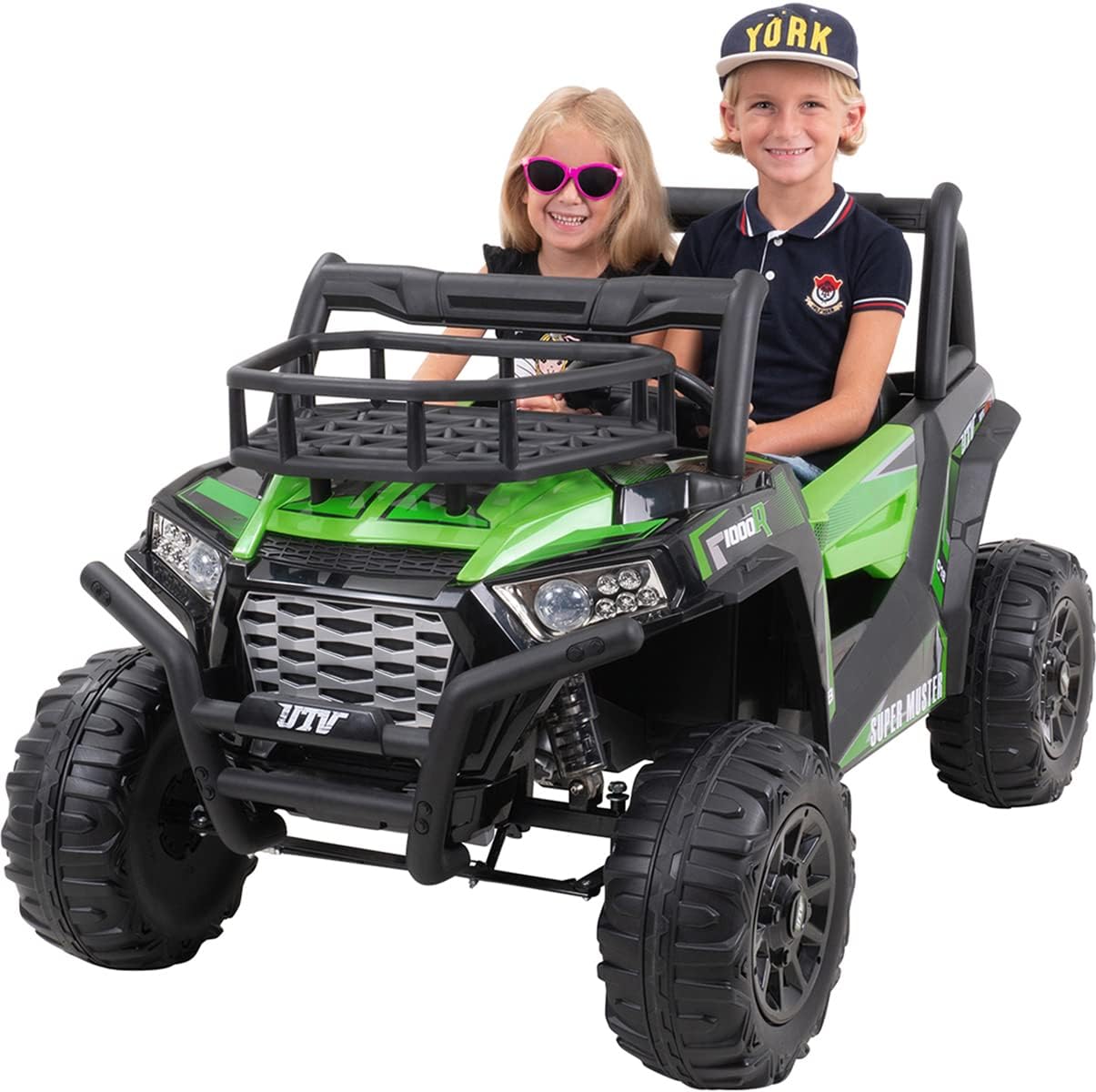Actionbikes Motors Jeep UTV Explorer Coche eléctrico para niños 2x200W Motor 2 plazas 2.4GHz Control remoto Neumáticos con anillo de goma suave Faros LED (Negro/Verde)