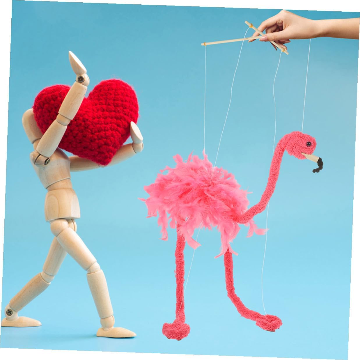 2pcs Plush Flamingo Marionette String Puppets Lightweight Animal with Sticks for Finger Exercise and Home Party Decoration