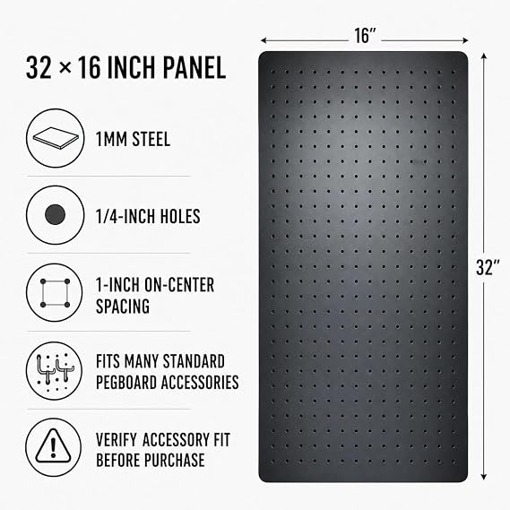 Black Metal Pegboard, 32 x 16 Inch, 1mm Steel Panel