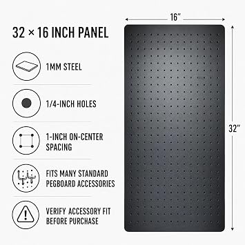Black Metal Pegboard, 32 x 16 Inch, 1mm Steel Panel