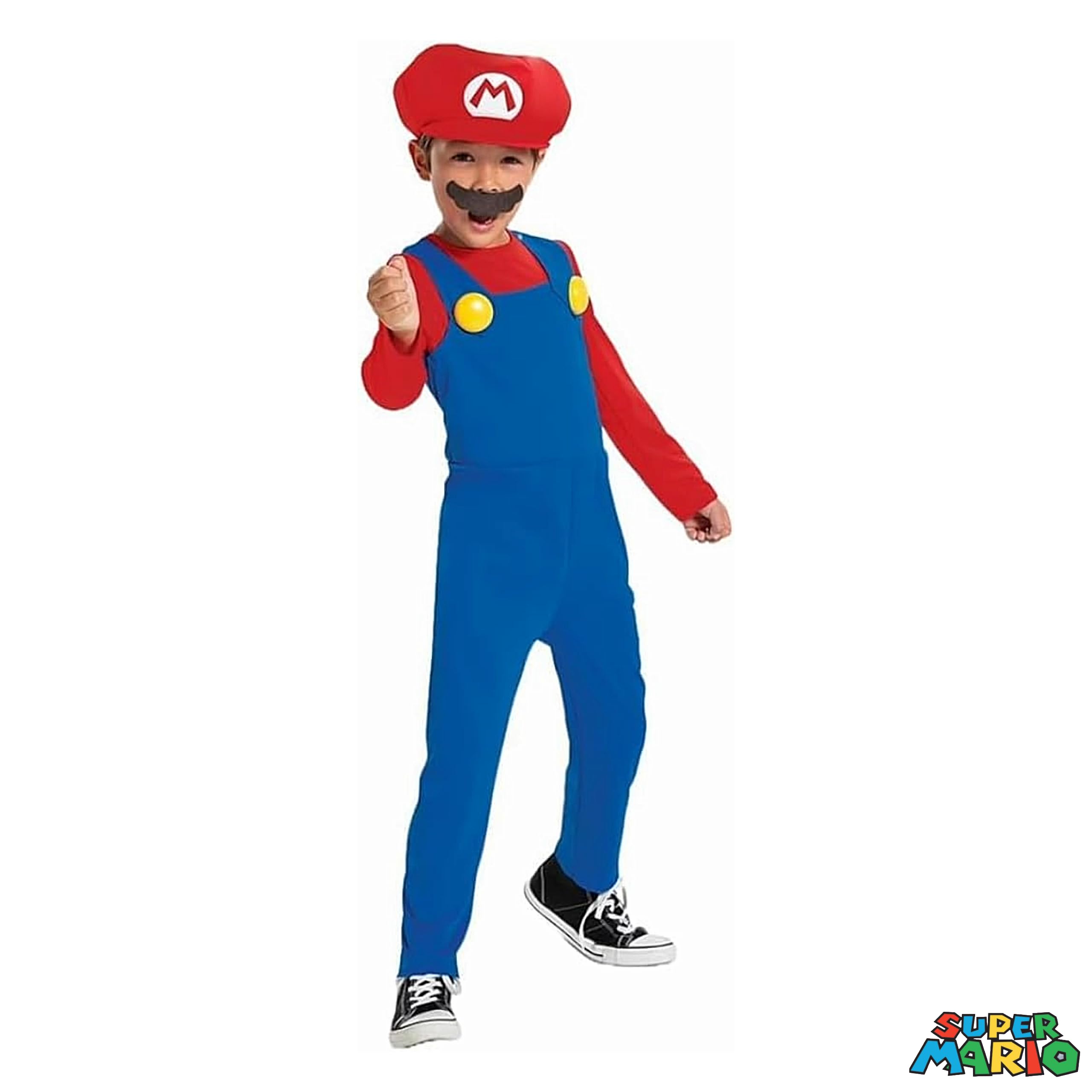 Super Mario - Disfraz Super Mario - Incluye Bigote y Gorro - Tallas XS, S, M - Para Niños de 3 a 8 Años