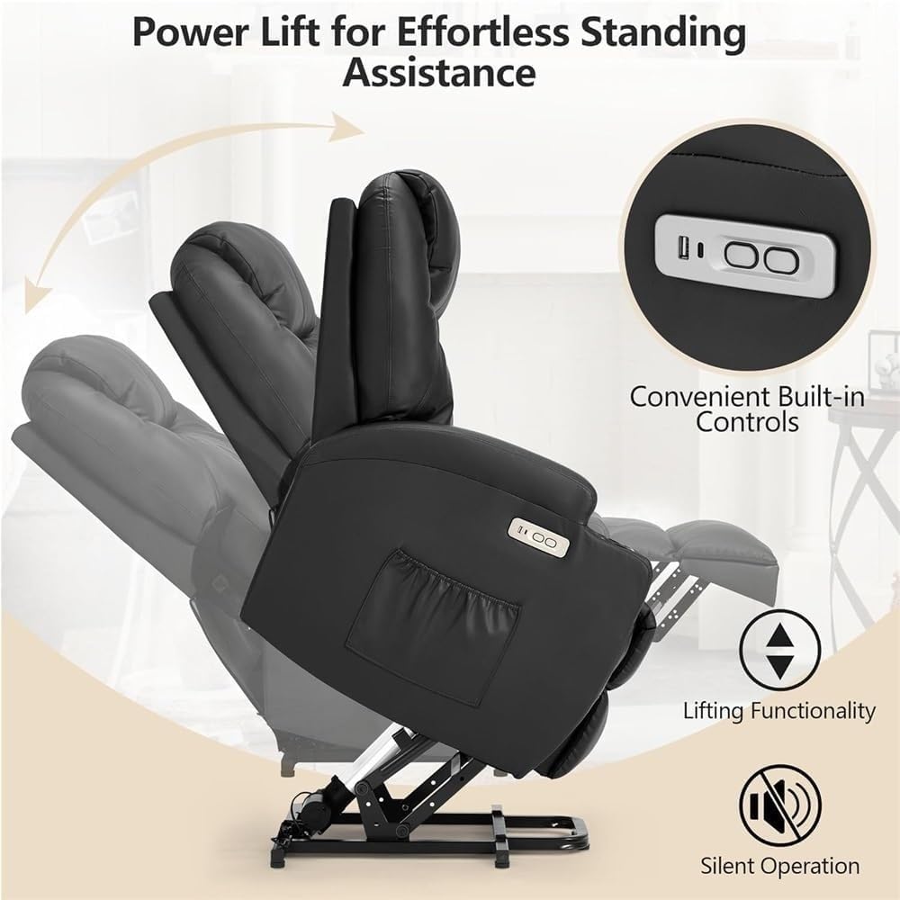 Electric Lift Recliner Chair for Elderly with Standing Assist Side Pockets USB Type C Ports Cup Holders Adjustable Reclining PU Leather Black Comfortable Living Room Sofa