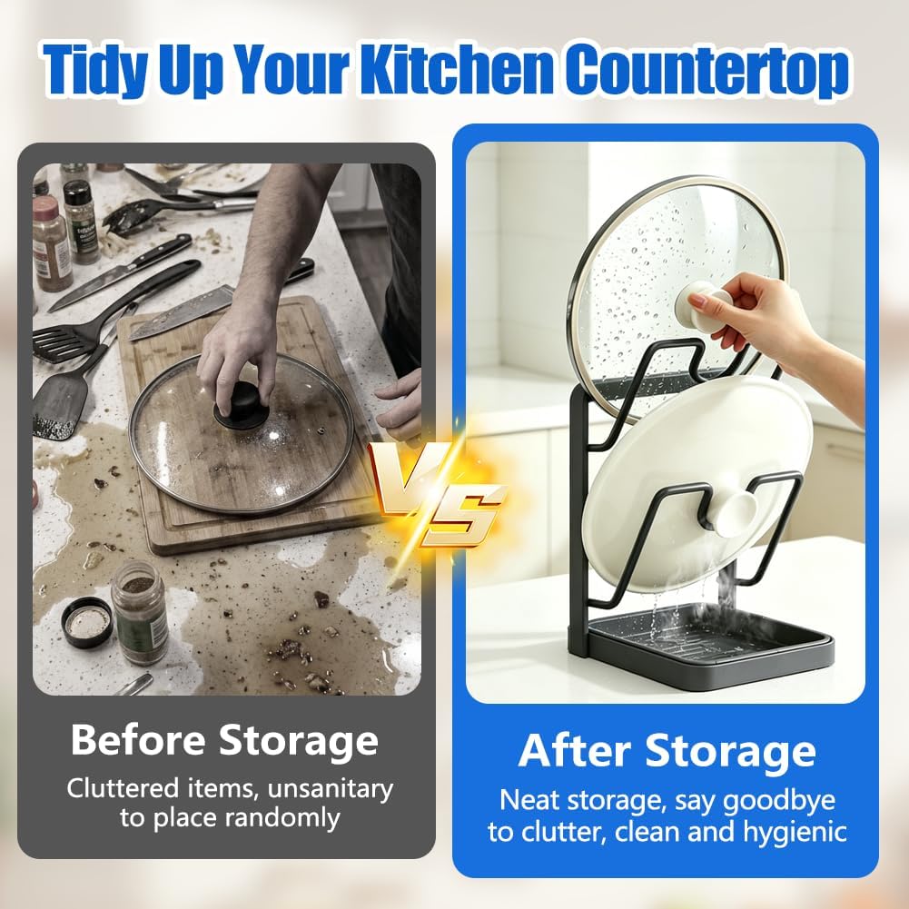 2026 Upgraded 304 Stainless Steel Pot Lid Holder, Two-compartment Pot Lid Organizer, Kitchen Pot Lid Storage Rack with Spoon Rest Removable Drip Tray for Stove Top & Countertop