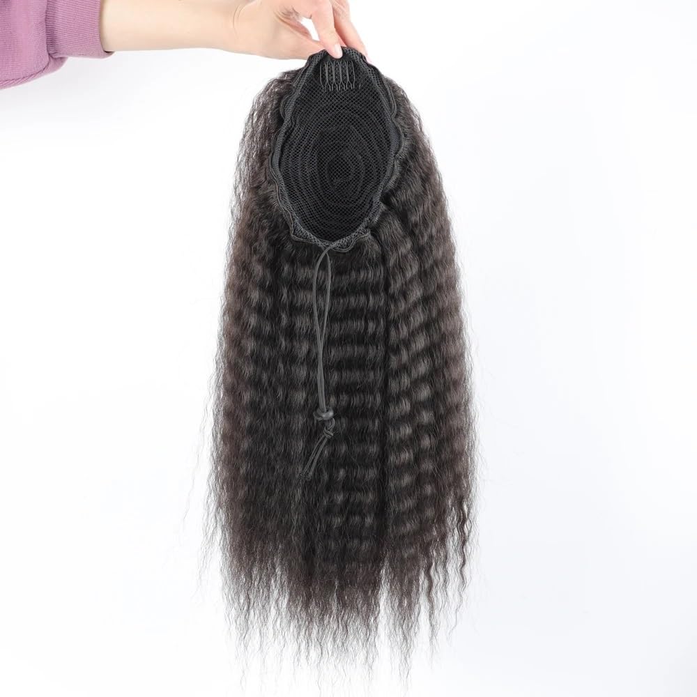 afro loki, kucyk ze sznurkiem, odporne na wysokie temperatury włókna syntetyczne, głęboko kręcone, puszyste, do codziennego użytku (naturalna czerń, 61 cm)