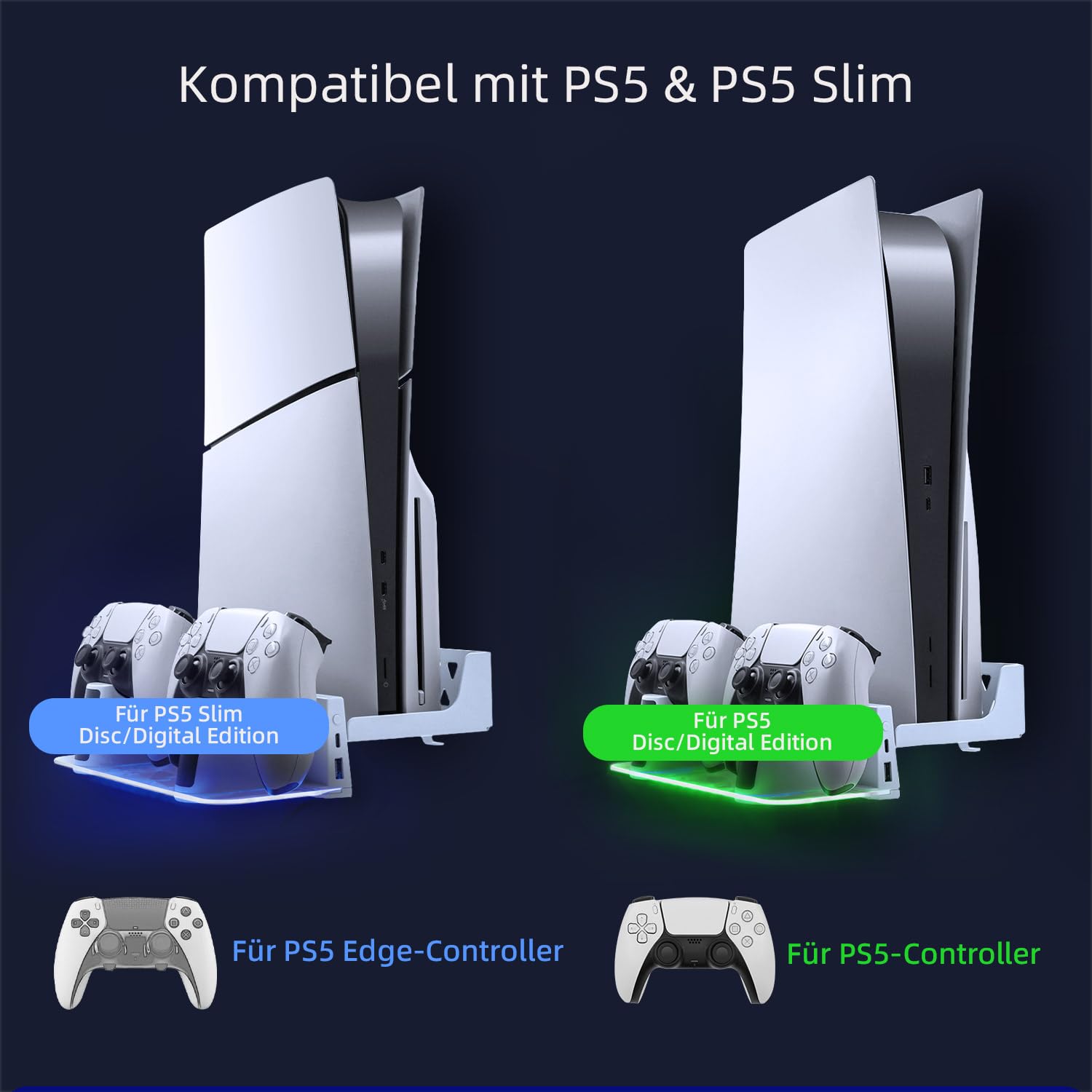 Mcbazel Wandhalterung PS5 mit Schnellladestation, Dual-Controller und RGB-Licht für PlayStation 5 Konsole – Weiß
