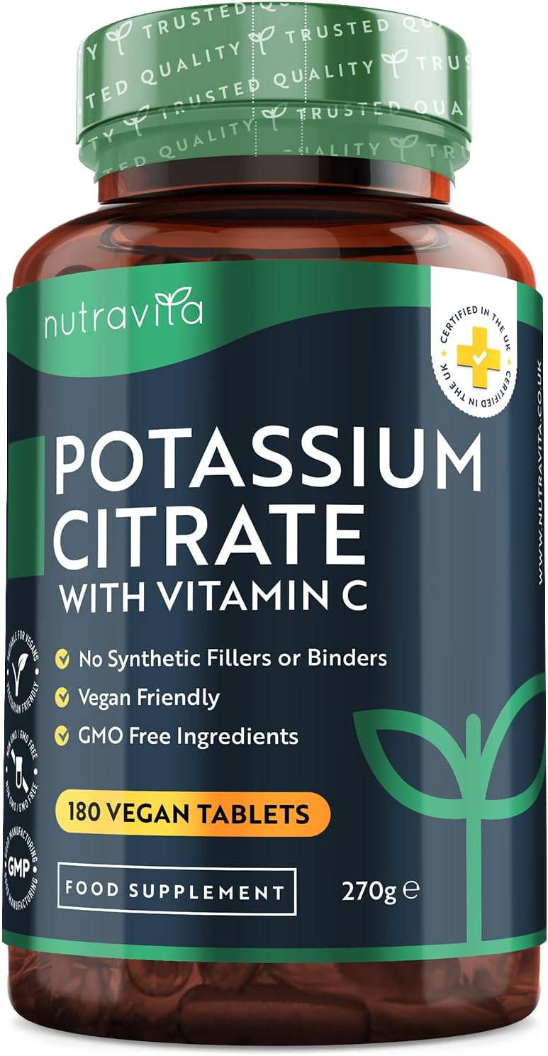 Potassium Supplement 1390mg with Vitamin C - 180 Vegan Tablets (3 Month Supply) - High Strength Potassium Citrate - Electrolytes Support - Contributes to Normal Muscle Function - Nutravita