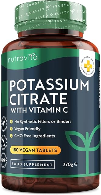 Potassium Supplement 1390mg - 180 Vegan Potassium Tablets (3 Month Supply) - High Strength Potassium Citrate Supplements - Natural Electrolytes Support - Made in The UK by Nutravita