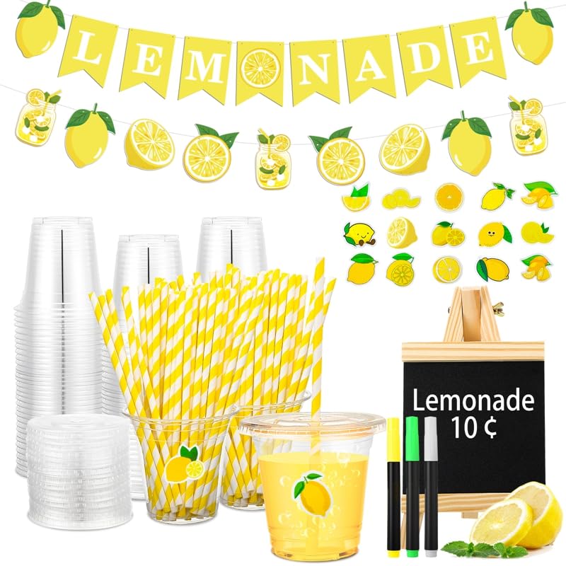 THE KING HIS QUEEN Lemonade Stand Supplies 50 Pcs Lemonade Cups with Lids and Straws, 2 Pcs Lemonade Banners, Wooden Blackboard and Lemon Stickers for Summer Lemon Birthday Baby Shower Party Decor