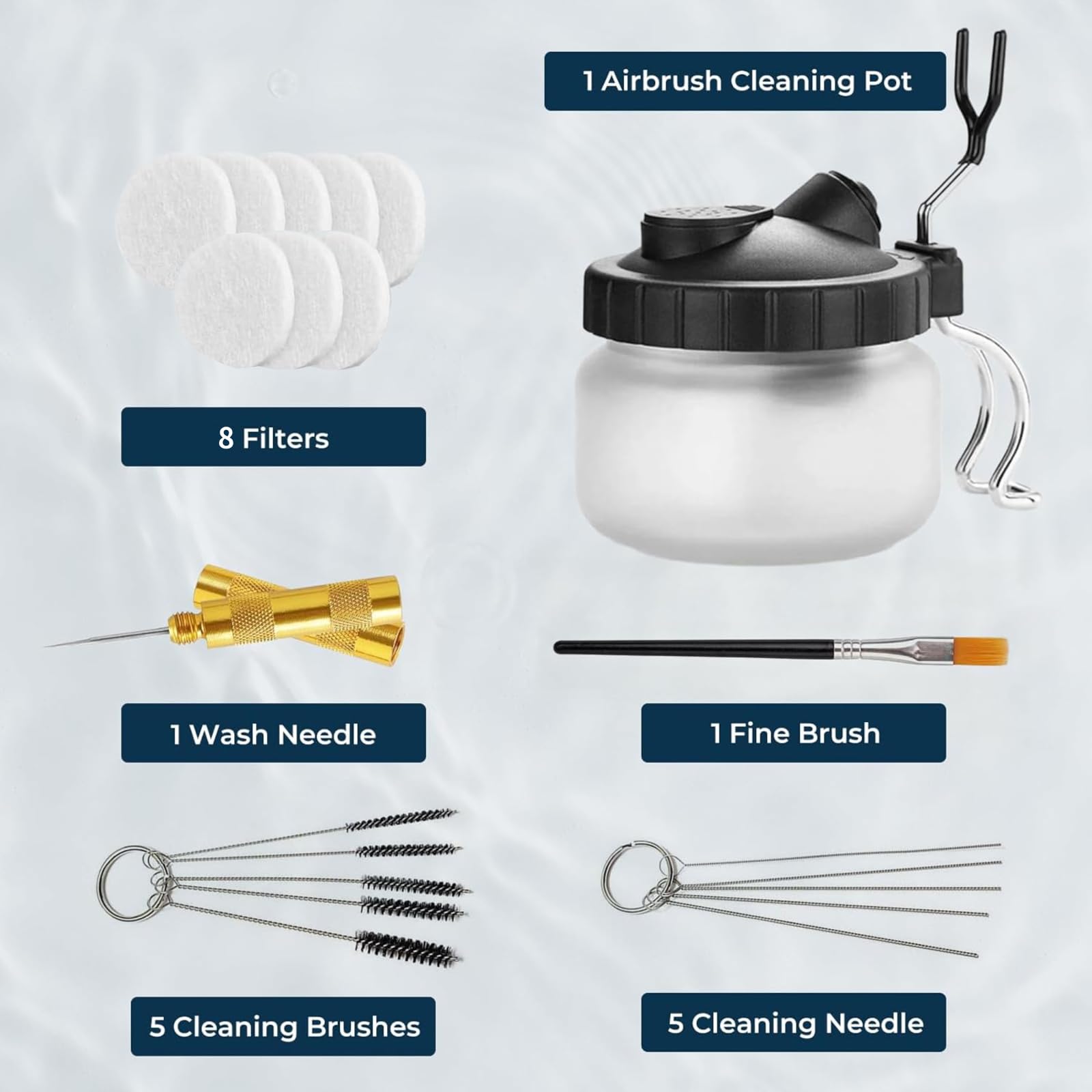 VOBOR 23 Piezas Kit de Limpieza de Aerógrafo, Bote con Soporte 5 Cepillos 5 Agujas 1 Aguja de Lavado 10 Filtro de Algodón 1 Pincel Fino, para Eliminar Pintura de Airbrush - 2