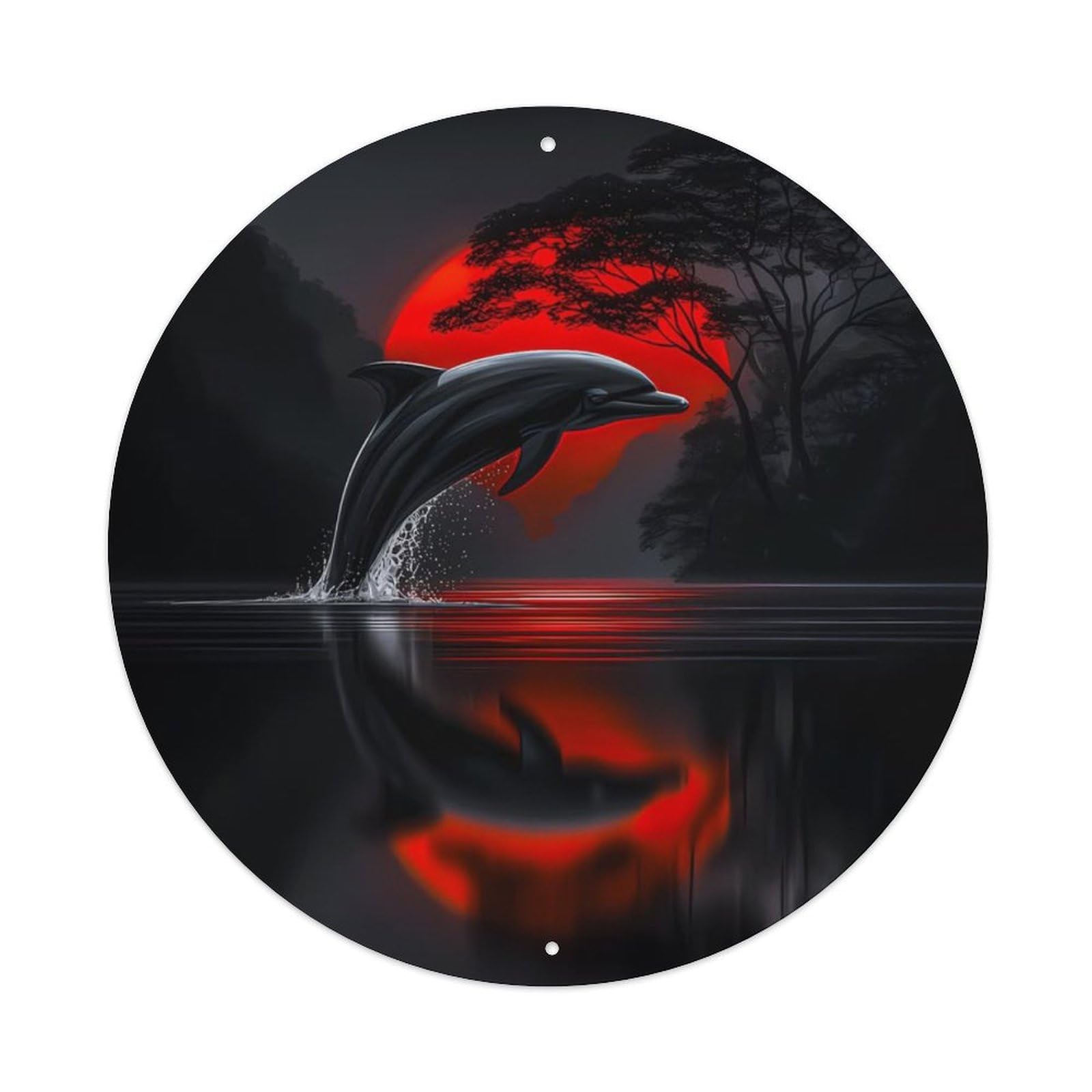 Marine Animals Jumping Dolphin Mystery Ocean Redmoon Reflection Vintage Metal Tin Sign Plaque Wall Decor for Cafe, Club Bar, Office, Garden Metal Poster 8x8Inch