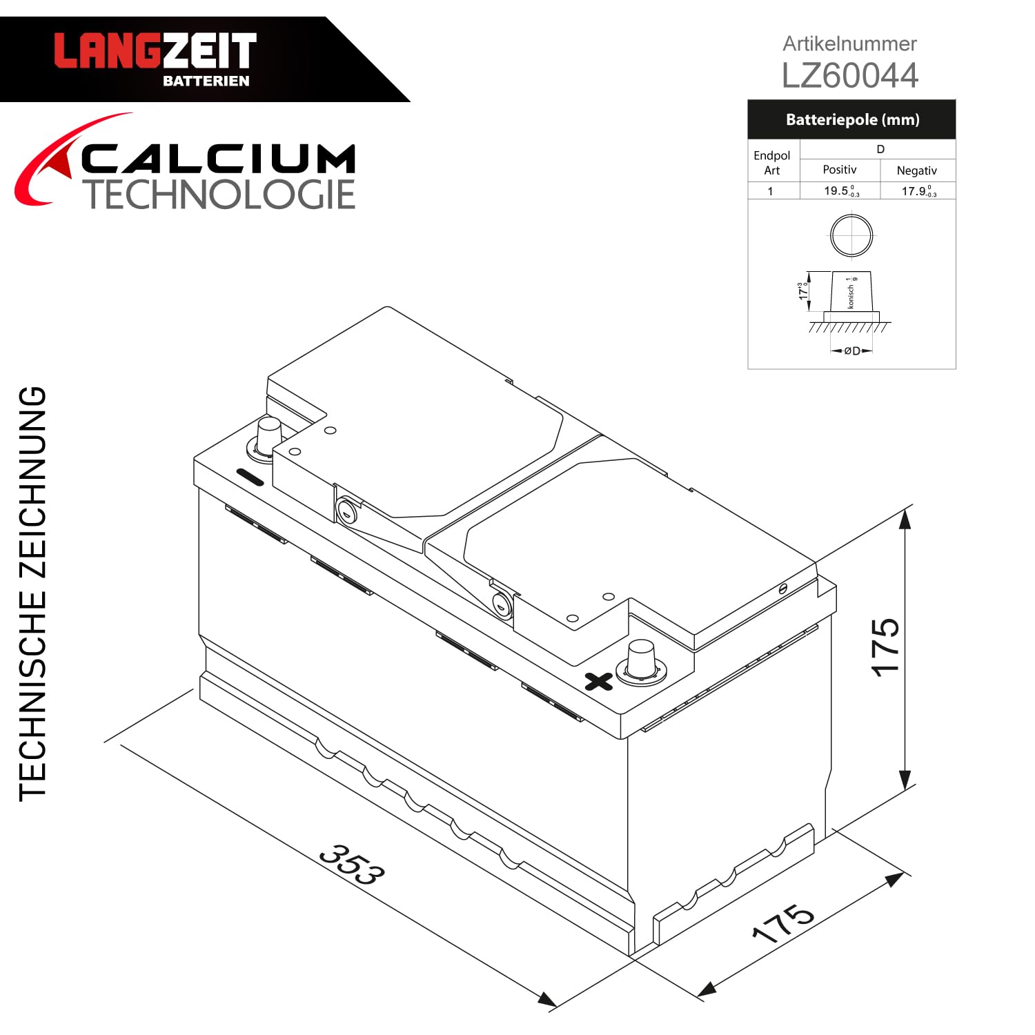 LANGZEIT Autobatterie 100Ah 12V 850A/EN Batterie ersetzt 95Ah 92Ah 90Ah 88Ah