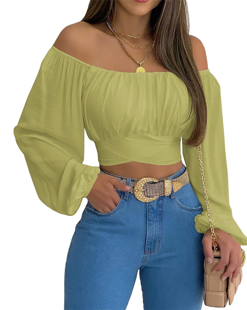 MIRACMODA Woman Off Shoulder Ruched Tie Back Crop Top Summer Lantern Sleeve Boho Shirt Blouse