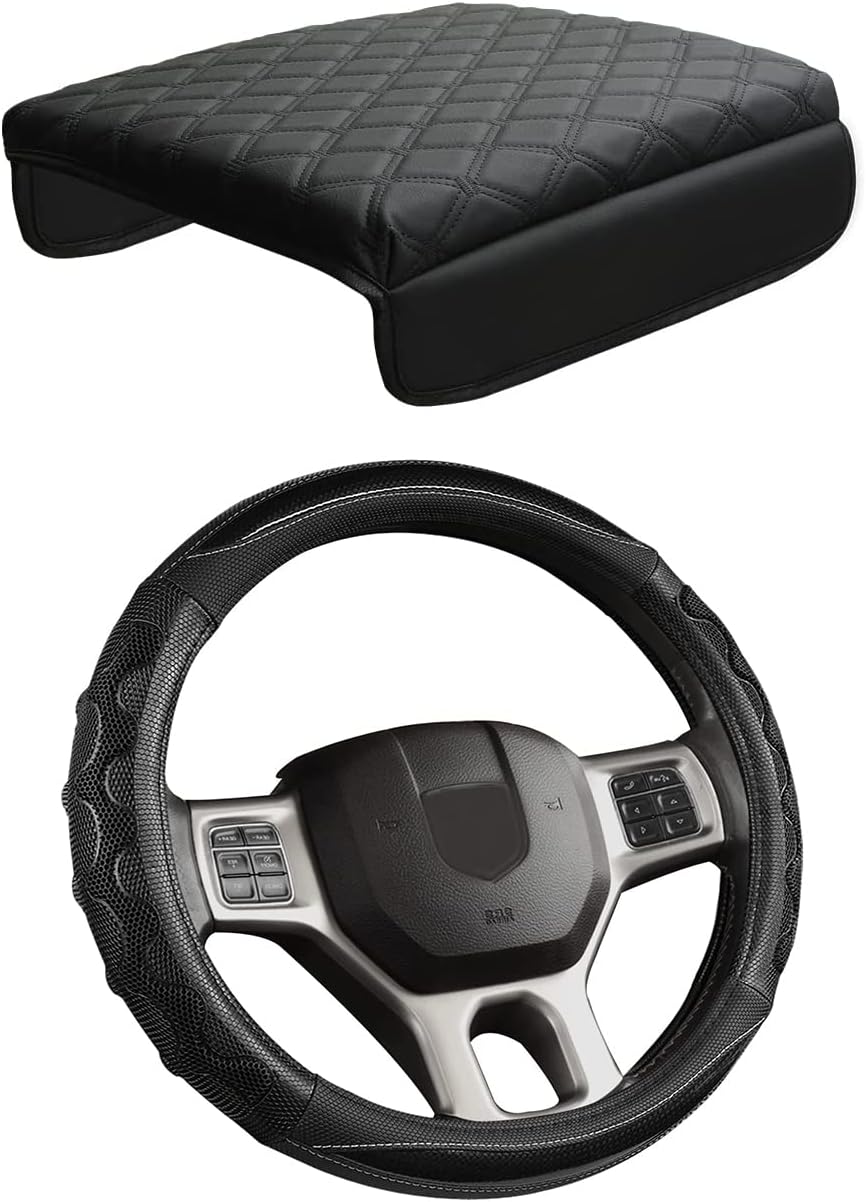 GIANT PANDA Steering Wheel Cover and Consoler Cover for Dodge RAM 1500 2500 3500（2009-2018）- Black